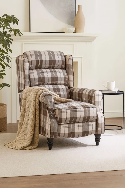 Image of LUXURY LIFE Eaton Tartan Fabric Push Back Recliner Armchair in Beige ARMCHAIR-EATON-BEIGE