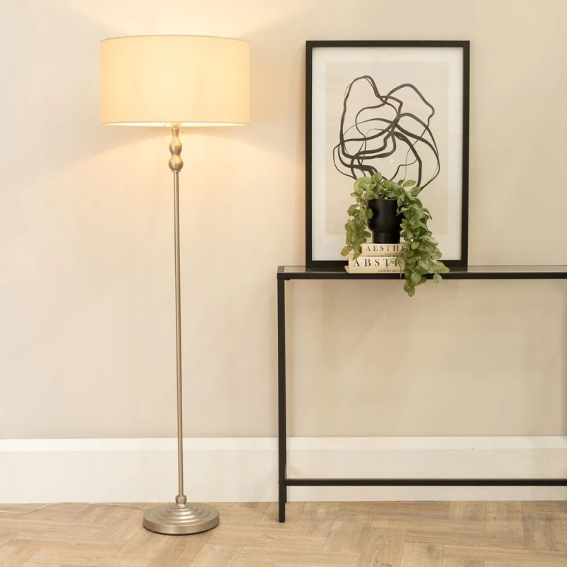 Image of ValueLights Maggie Brushed Chrome Silver Candlestick Floor Lamp with Fabric Lamp Shade White