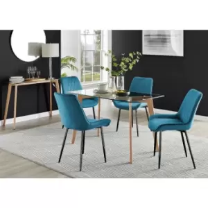 Image of Furniturebox Malmo Rectangular Glass and Wooden Leg Modern Industrial Dining Table & 4 Blue Pesaro Black Leg Velvet Chairs