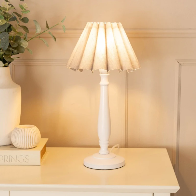 Image of ValueLights Victoria White Wood Candlestick Table Lamp with Scallop Tapered Shade and Bulb Grey