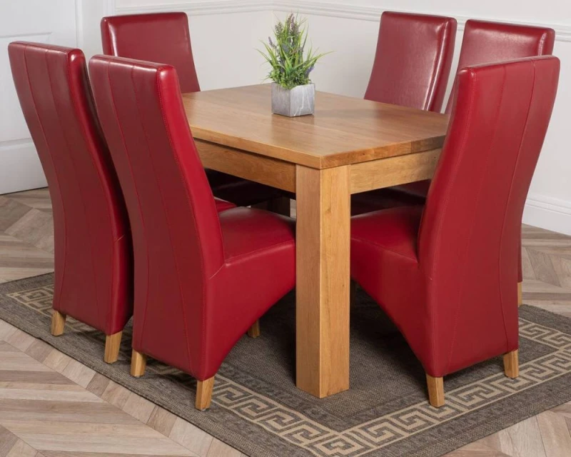 Image of Thats Furniture Dakot 127 x 82cm Oak Small Dining Table & 6 Lola Leather Chairs in Red Size: 127 x 82cm Red Unisex 127 x 82 cm