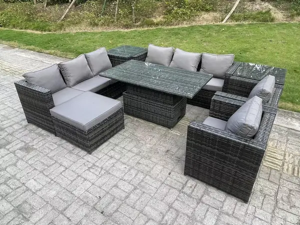 Image of Fimous 8 Seater Outdoor Dark Grey Rattan Lounge Complete Sofa Set with Adjustable Table and Big Footstool