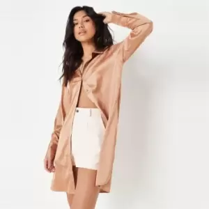 Image of Missguided Longline Satin Shirt - Brown