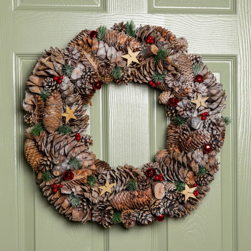 Image of 50cm Frosted Hanging Christmas Wreath with Red Jingle Bells & Wooden Stars