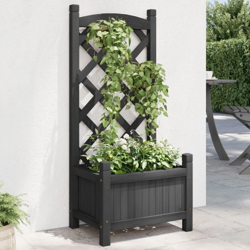Image of vidaXL Planter with Trellis Black Solid Wood Fir, Black 365484