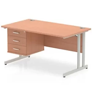 Image of Dynamic Rectangular Office Desk Beech MFC Cantilever Leg Silver Frame Impulse 1 x 3 Drawer Fixed Ped 1400 x 800 x 730mm