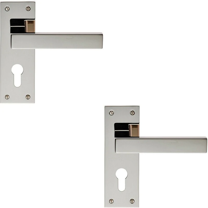 Image of Loops 2x PAIR Straight Square Lever on Euro Lock Backplate 150 x 50mm Polished Nickel Metallics