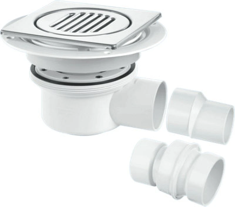 Image of McAlpine TSG52-T150SS Two Piece 50mm Water Seal Trapped Gully, Tile/Grating with removable Grid, 2" Horizontal Outlet and 2" x 1.5" Socket Reducer Whi