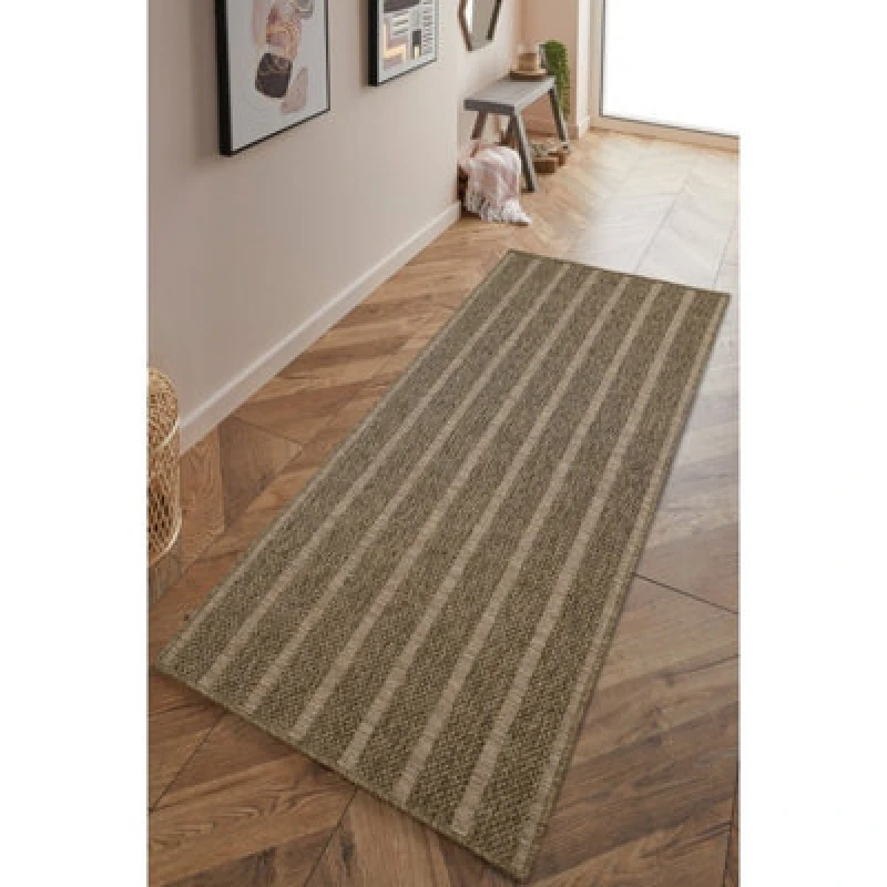 Image of Melrose Summer Stripe Latte Low Pile Height 3mm Indoor Outdoor Runner Area Rug - 80X200Cm