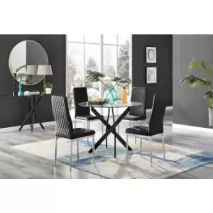 Image of Furniturebox UK - Furniturebox Novara Black Leg 120cm Round Glass Dining Table & 4 Black Milan Velvet Dining Chairs Diamond Stitch Modern
