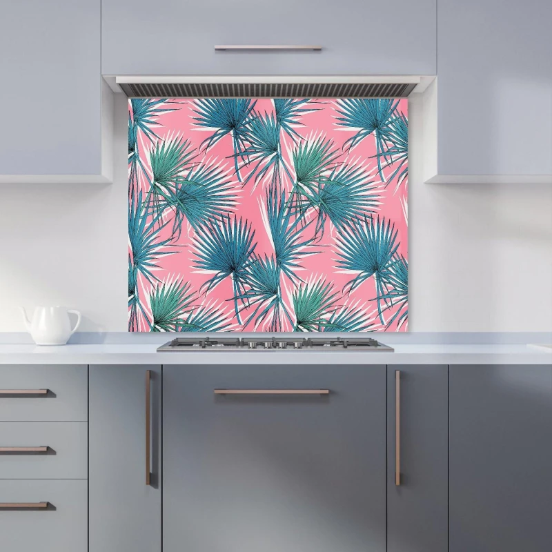 Image of Warren Reed - Designer Pink Green Fan Palms Kitchen Splashback Size: 600mm x 650mm Pink Unisex 600mm x 650mm