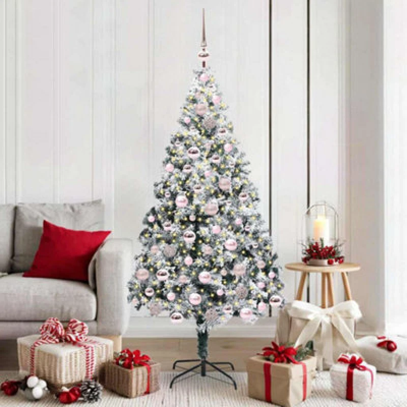 Image of vidaXL Artificial Christmas Tree with 300 LEDs, Pink Balls with Stand Snow Flocked Green 180 cm, Green 3396964