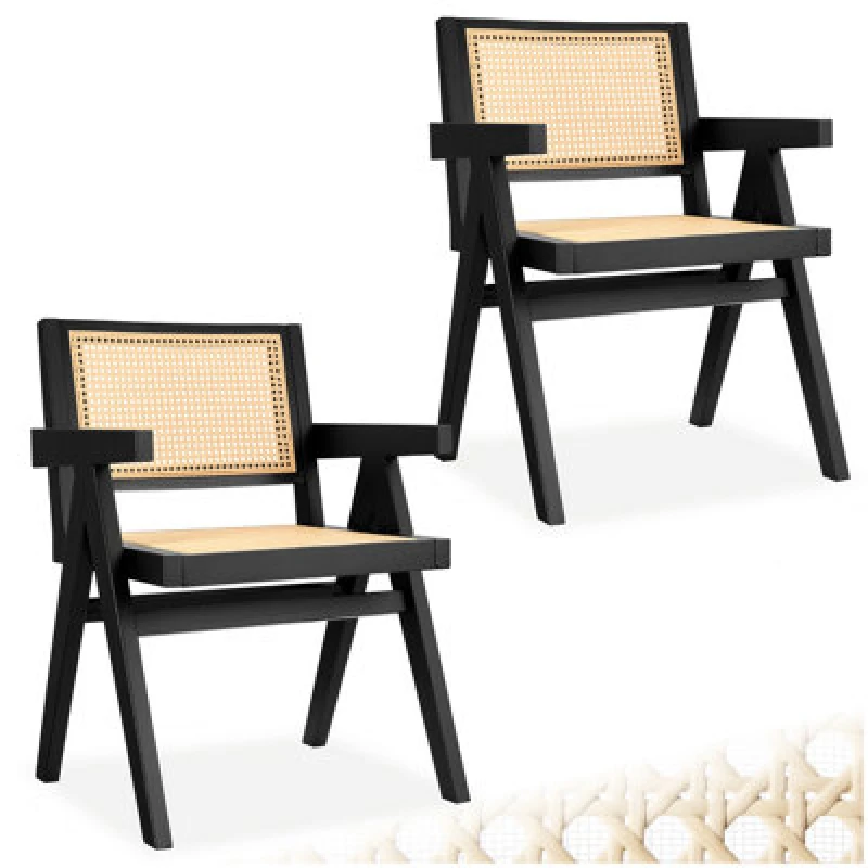 Image of Tectake Set Of 2 Dining Chair Lizzy With Mid-Century Modern Design, Rattan Backrest And Solid Wood Frame - Black