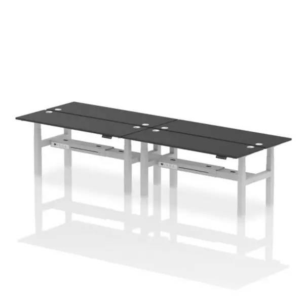 Image of Air Air Back-to-Back 1800 x 600mm Height Adjustable 4 Person Bench Desk Black Top with Cable Ports Silver Frame HASCP4P18600BLKS