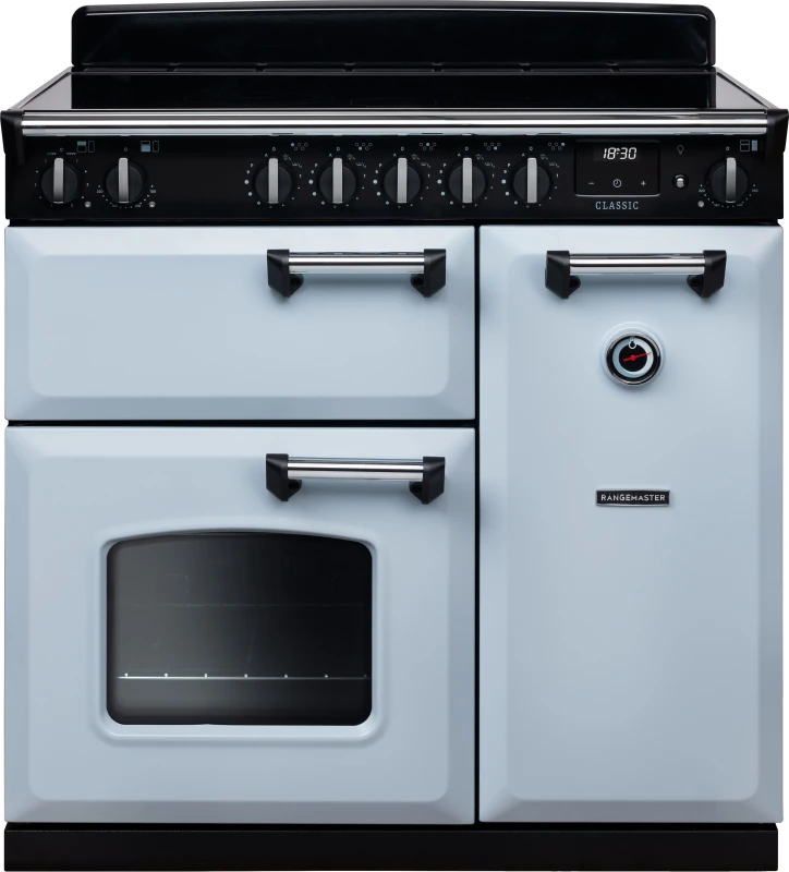 Image of Rangemaster Classic CL90EIPMSB/CM1 90cm wide Electric Range Cooker with Induction Hob - Misty Blue / Chrome - A Rated