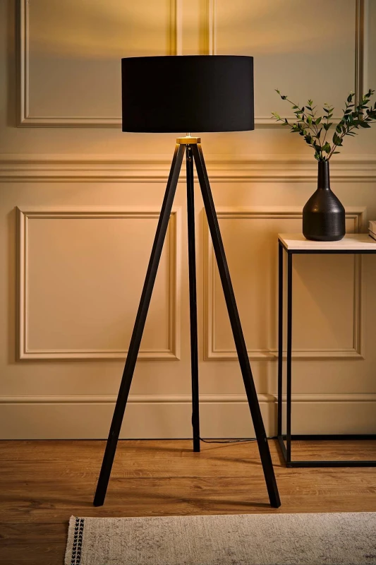 Image of ValueLights ValueLights Barbro Black Wood Tripod Floor Lamp with Black Gold Shade and LED Bulb Black One Size Unisex 5059406024849