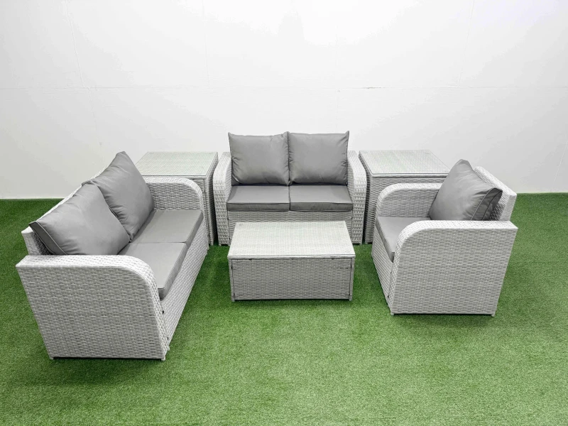 Image of Fimous High Back Poly Rattan Garden Furniture Set with Reclining Chair Loveseat Sofa Rectangular Coffee Table Indoor Outdoor Patio Set 2 Side Table L