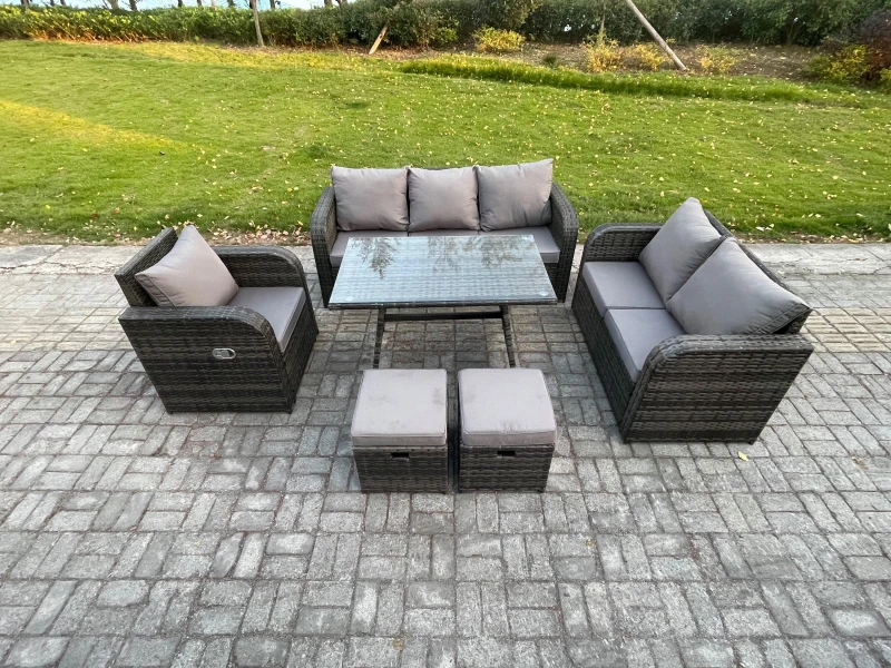 Image of Fimous 8 Seater Outdoor Rattan Garden Furniture Set Patio Lounge Sofa Set with Dining Table 2 Small Footstools Dark Grey Mixed Dark Grey