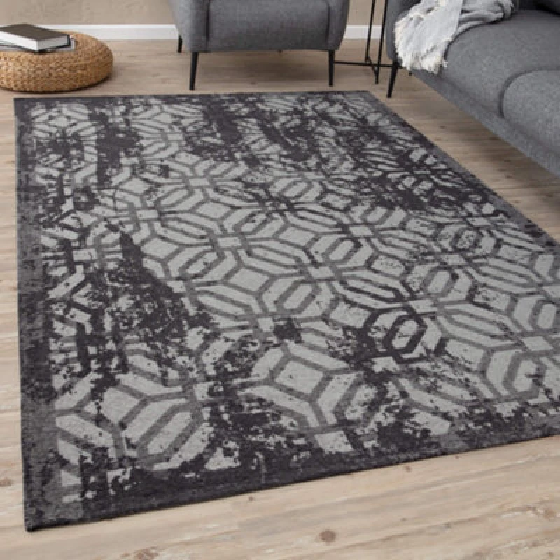 Image of The Rugs Carina Collection Rugs In Black 6930B Non-Slip Machine Washable