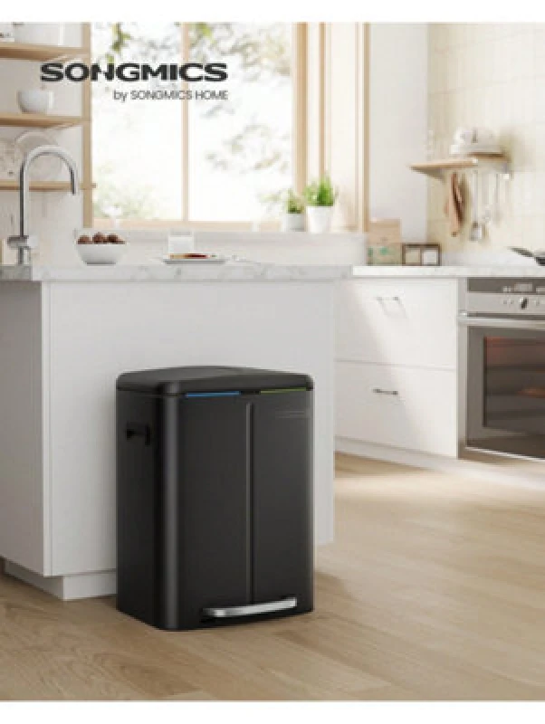 Image of Songmics Double Rubbish Bin, 2 X 20L Kitchen Bin, Dual Compartment Metal Step Bin, With Plastic Inner Buckets, And Handles, Black