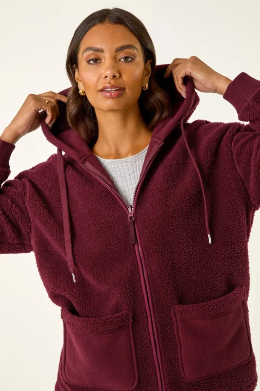 Image of Roman Womens Hooded Borg Zip Through Jacket in Burgundy Size: 12 Burgundy Female 12