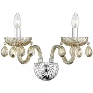 Image of Chibougamau 2 Light Candle Wall Lamp Chrome Aluminium Cognac Glass, K9 Crystals Adjustable LED E14 - Merano