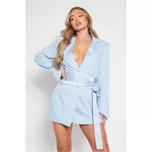 Image of I Saw It First Baby Blue Satin Contrast Oversized Belt Blazer Dress - Blue