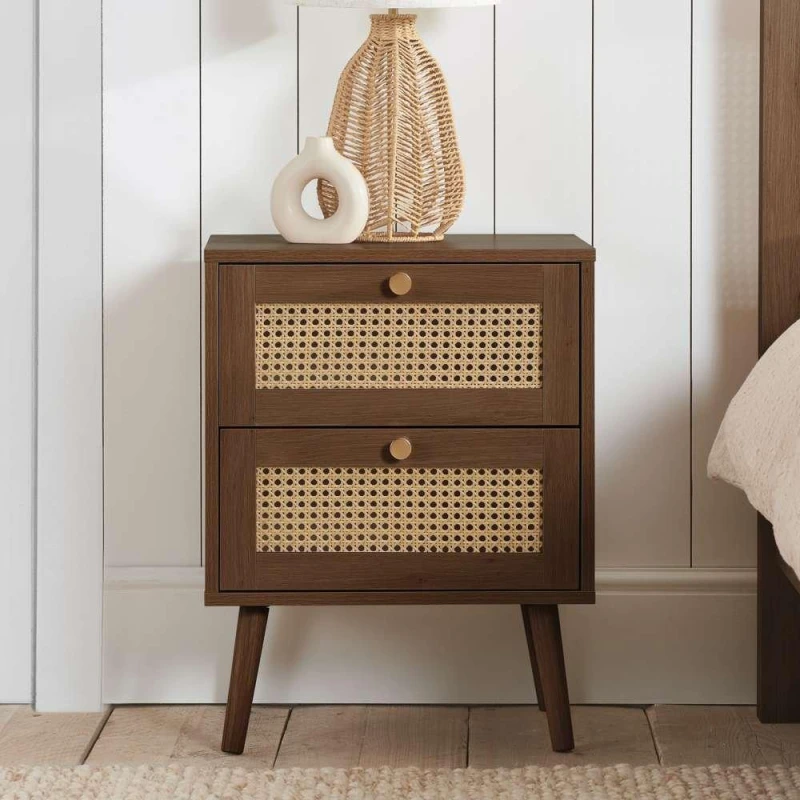 Image of Birlea Croxley Rattan and Walnut 2 Drawer Bedside Table