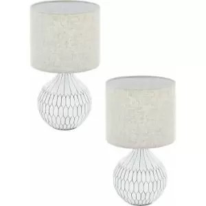 Image of 2 pack Table Lamp White Patterned Base Shade Light Brown Fabric Linen E27 1x40W