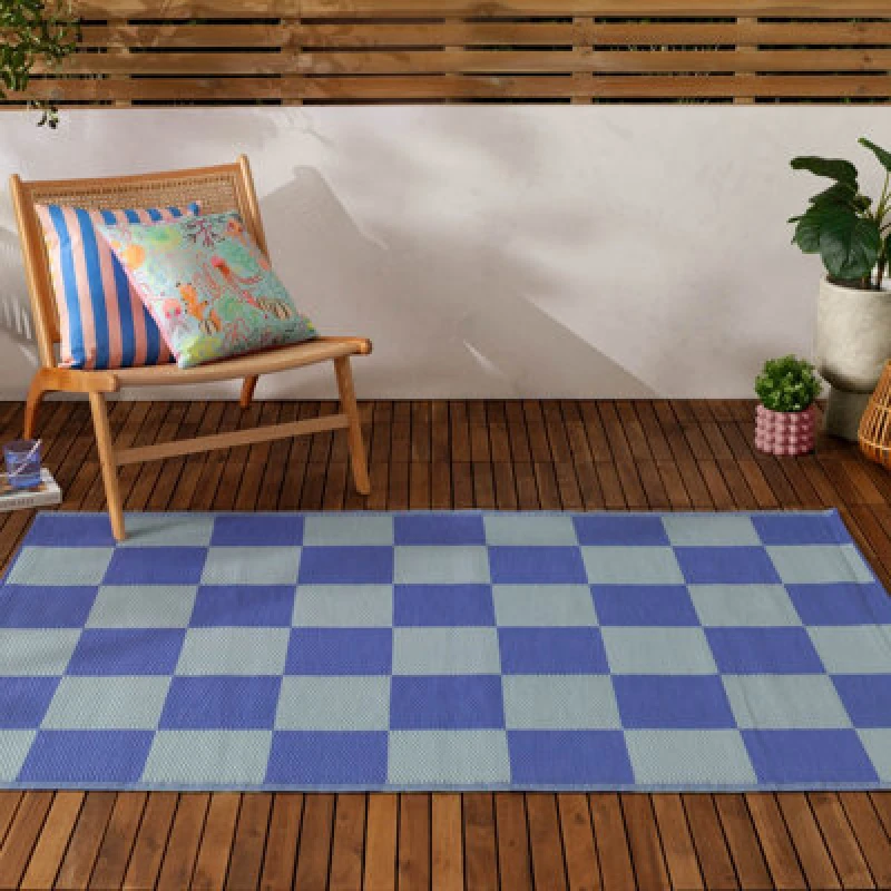 Image of FURN. Checkerboard Recycled Indoor/Outdoor Rug blue 120X180CM