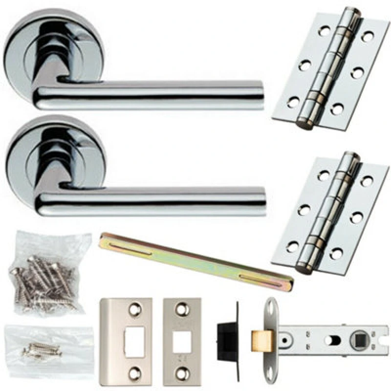 Image of Loops Door Handle & Latch Pack Chrome Straight Round Bar Lever Screwless Round Rose Multi