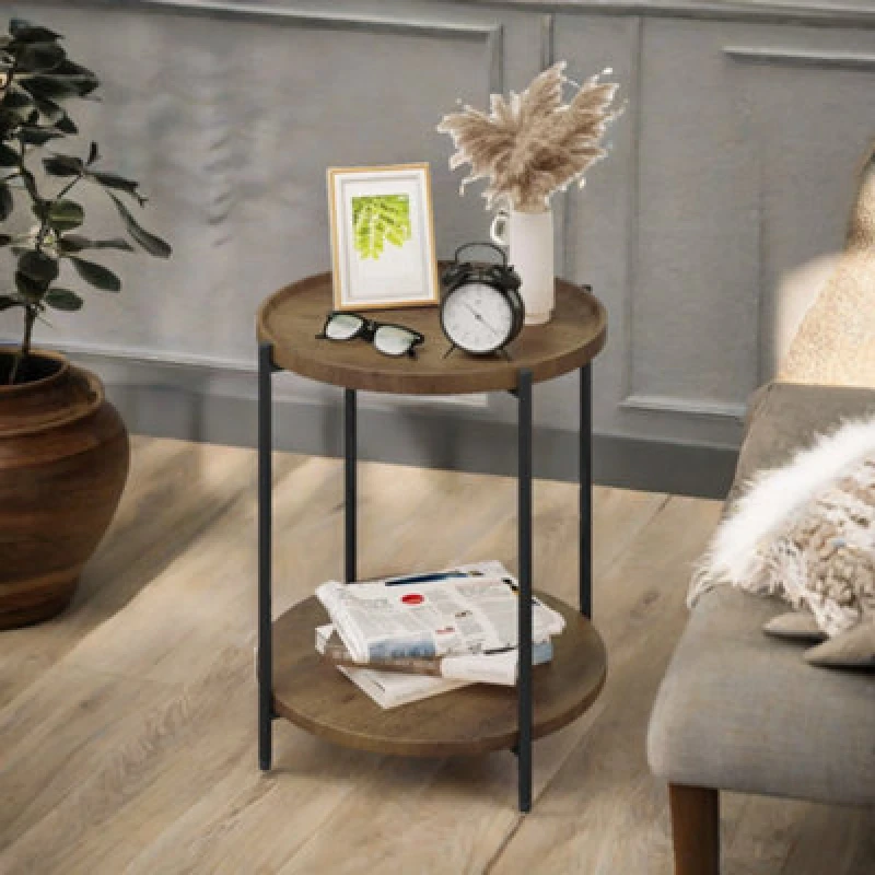 Image of Rafaelo Mobilia Industrial 2 Tier Round Coffee Table Rustic Brown