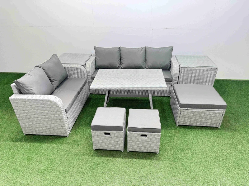 Image of Fimous Rectangular Dining Table Sofa Set with Stool 2 Side Tables Light Grey Light Grey Unisex