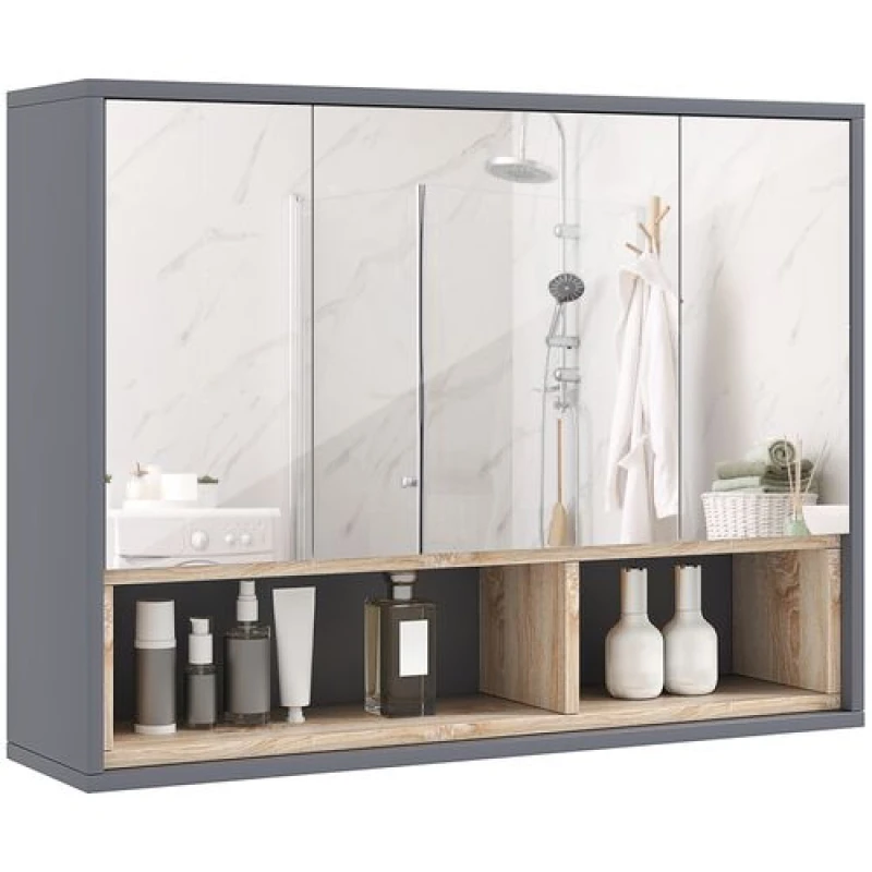 Image of HOMCOM Bathroom Cabinet Wall Mounted Mirror Storage with Shelves Grey Grey