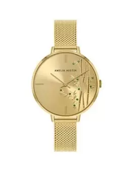 Image of Amelia Austin Bamboo Ladies Pale Gold Stainless Steel Mesh Green Stone Set Etched Dial Watch, Gold, Women