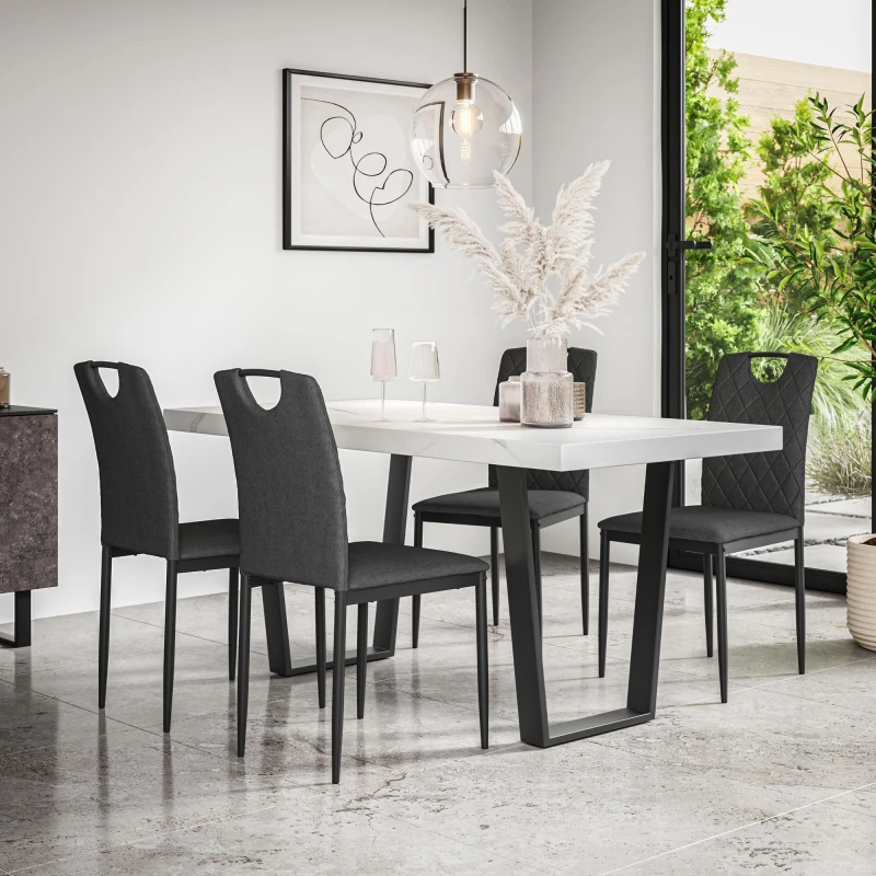Image of More4Homes Aria Dining Table And Chairs - White Marble Effect Table Top W Black Legs + Monza Linen Dining Chair Set Of 4 (Charcoal)