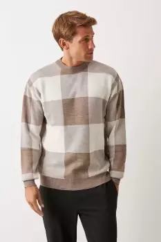 Image of Mens Long Sleeve Checked Crew Neck Jumper