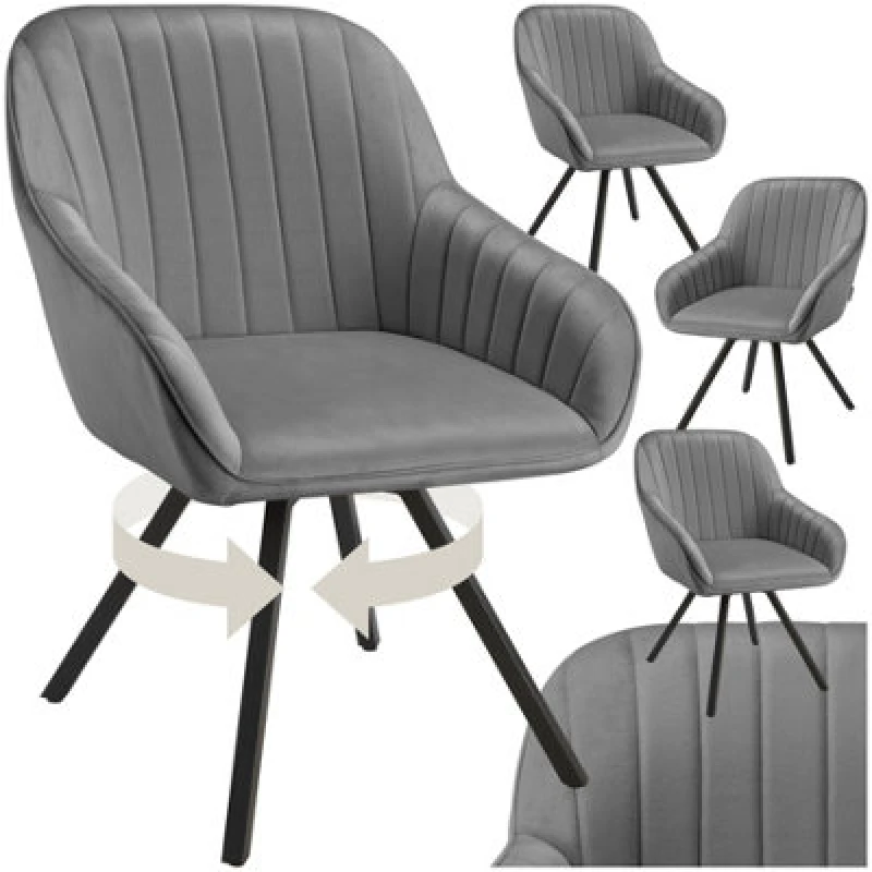Image of Tectake Set Of 4 Lounge Armchair Living Room Accent Chair 360 Swivel Slim Steel Legs Velvet Fabric - Grey