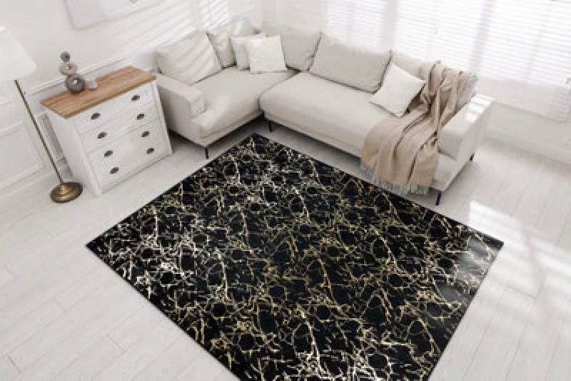 Image of RugsX Miro 11111.2106 Washing Carpet Marble, Glamour Anti Slip - Black / Gol 80X150 Cm
