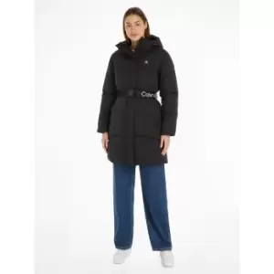 Image of Long Hooded Padded Puffer Jacket with Belt and Zip Fastening