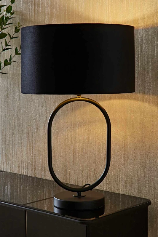 Image of ValueLights ValueLights Antonia Black Velvet and Gold Drum Shade Matte Black Oval Table Lamp Black One Size Unisex 5059406064951