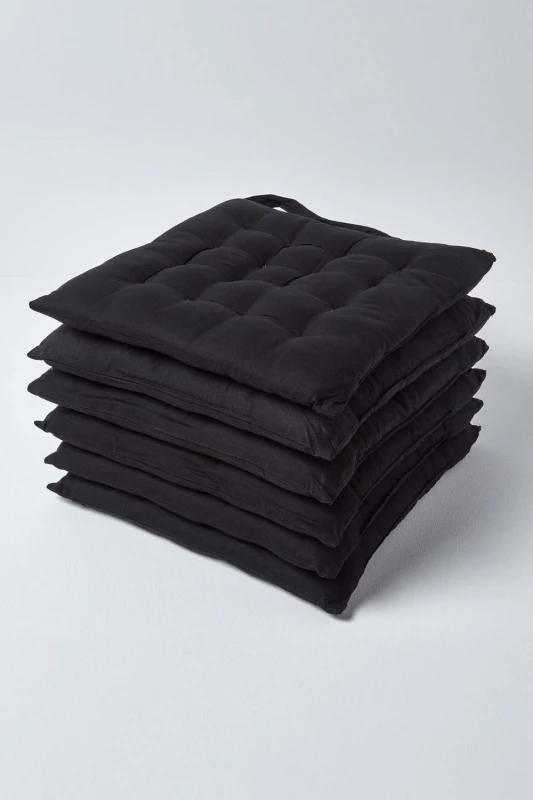 Image of Homescapes Plain Seat Pad with Button Straps, 40 x 40cm, Set of 6 Black