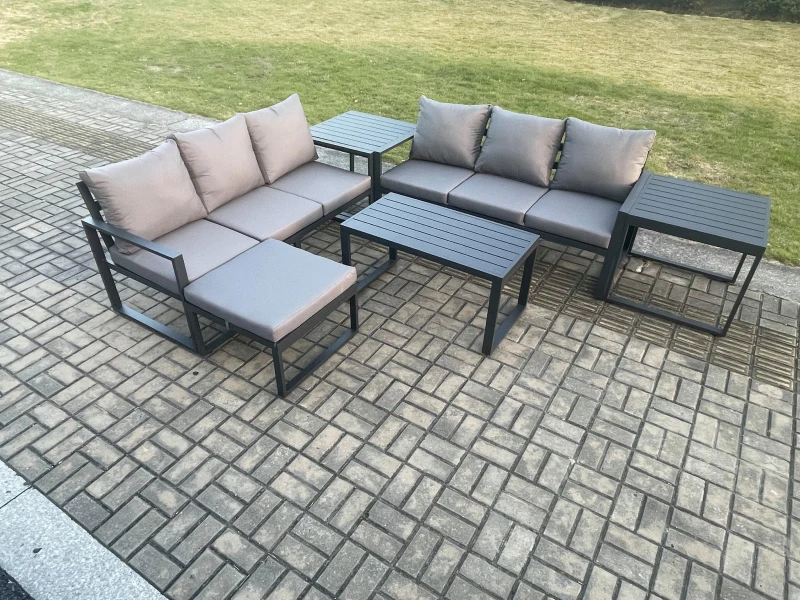 Image of Fimous Aluminium 6 Pieces Outdoor Garden Furniture Lounge Sofa Set with Oblong Coffee Table Big Footstool 2 Side Tables Dark Grey Dark Grey Unisex