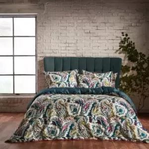 Image of Aretha Paisley Printed Cotton Sateen Piped Duvet Cover Set Teal/Olive, Teal/Olive / King