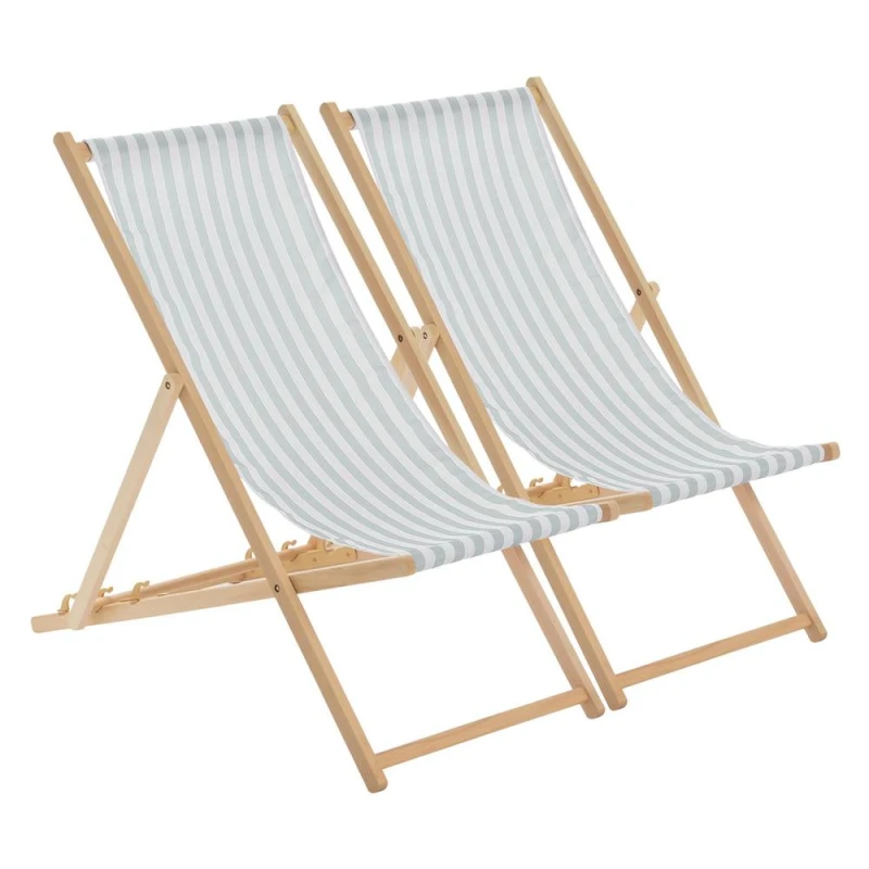 Image of Harbour Housewares Folding Wooden Deck Chairs - Sage Grey Stripe - Pack Of 2
