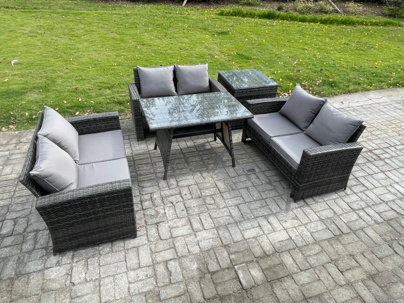 Image of Fimous 6 Seater Rattan Wicker Garden Furniture Patio Conservatory Sofa Set With Rectangular Dining Table For Terrace