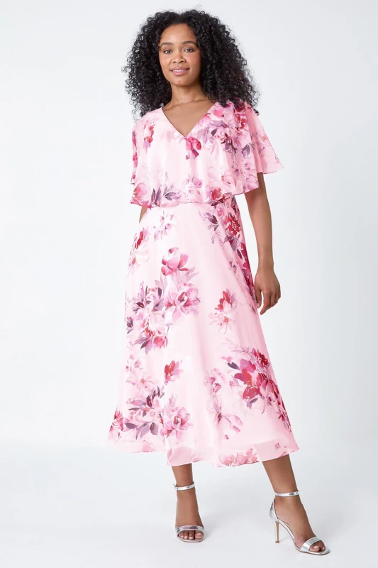 Image of Roman Petite Floral Cape Chiffon Midi Dress Light Pink