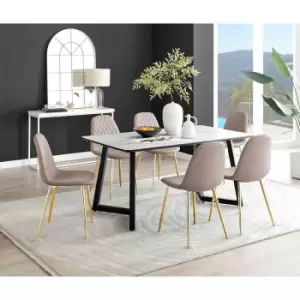 Image of Furniture Box Carson White Marble Effect Dining Table and 6 Cappuccino Corona Gold Leg Chairs