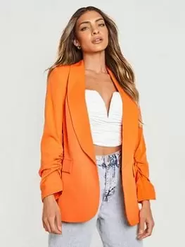 Image of Boohoo Ruched Sleeve Tailored Blazer - Orange, Size 10, Women