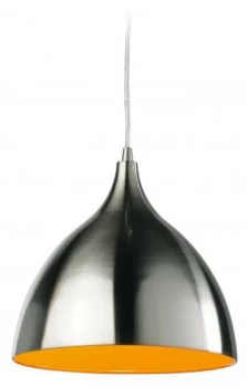 Image of 1 Light Dome Ceiling Pendant Brushed Steel, Orange Inside, E27